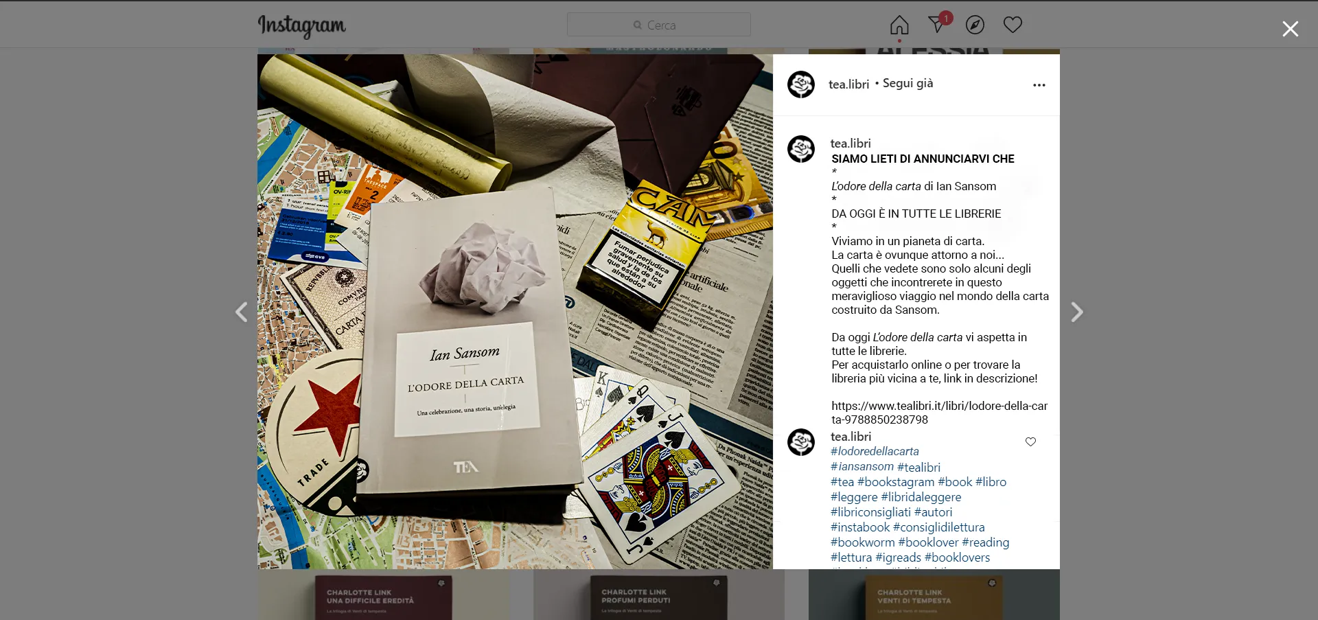 Annuncio Instagram che comunica la pubblicazione di l’odore della carta