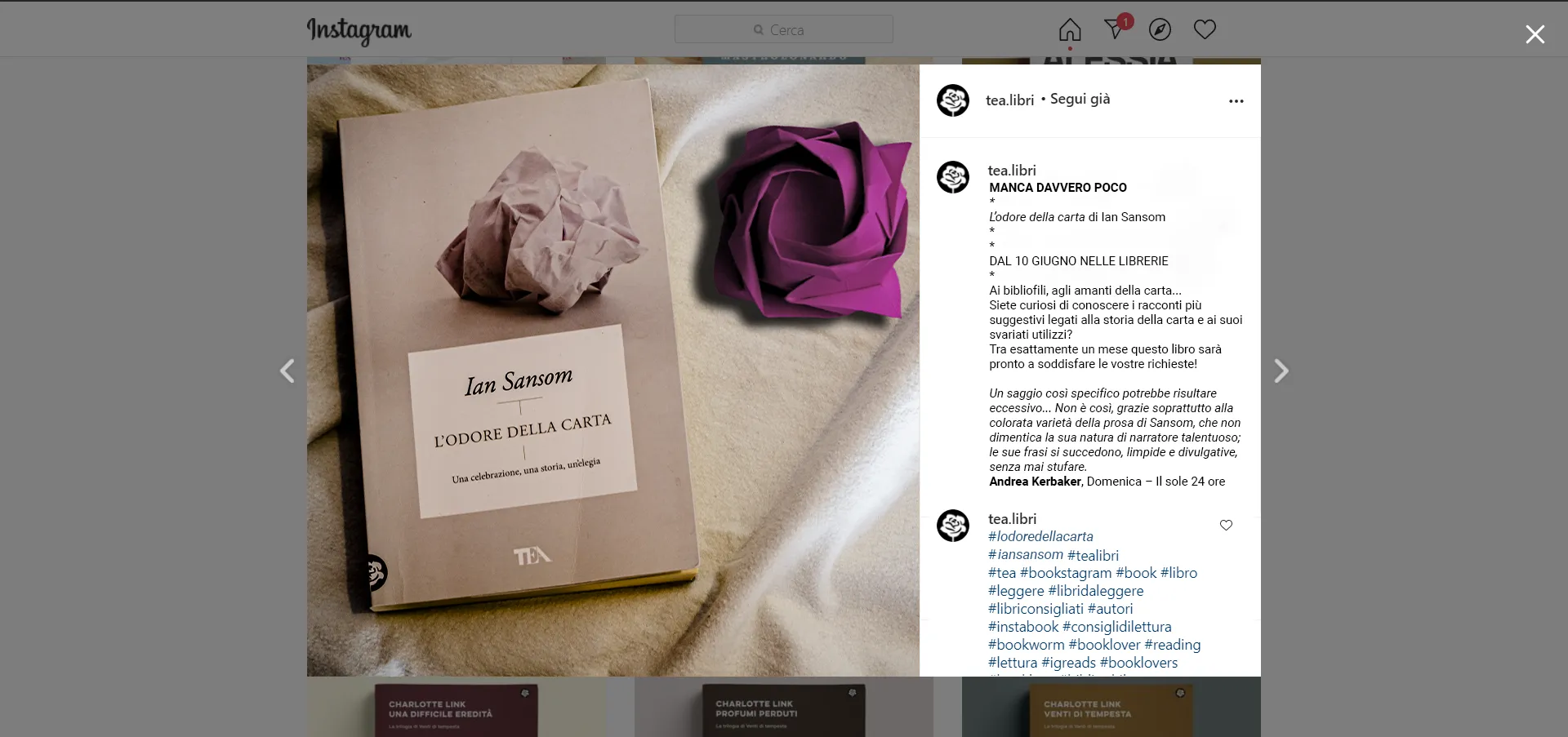Annuncio Instagram reminder che manca poco all’uscita di L’odore della carta
